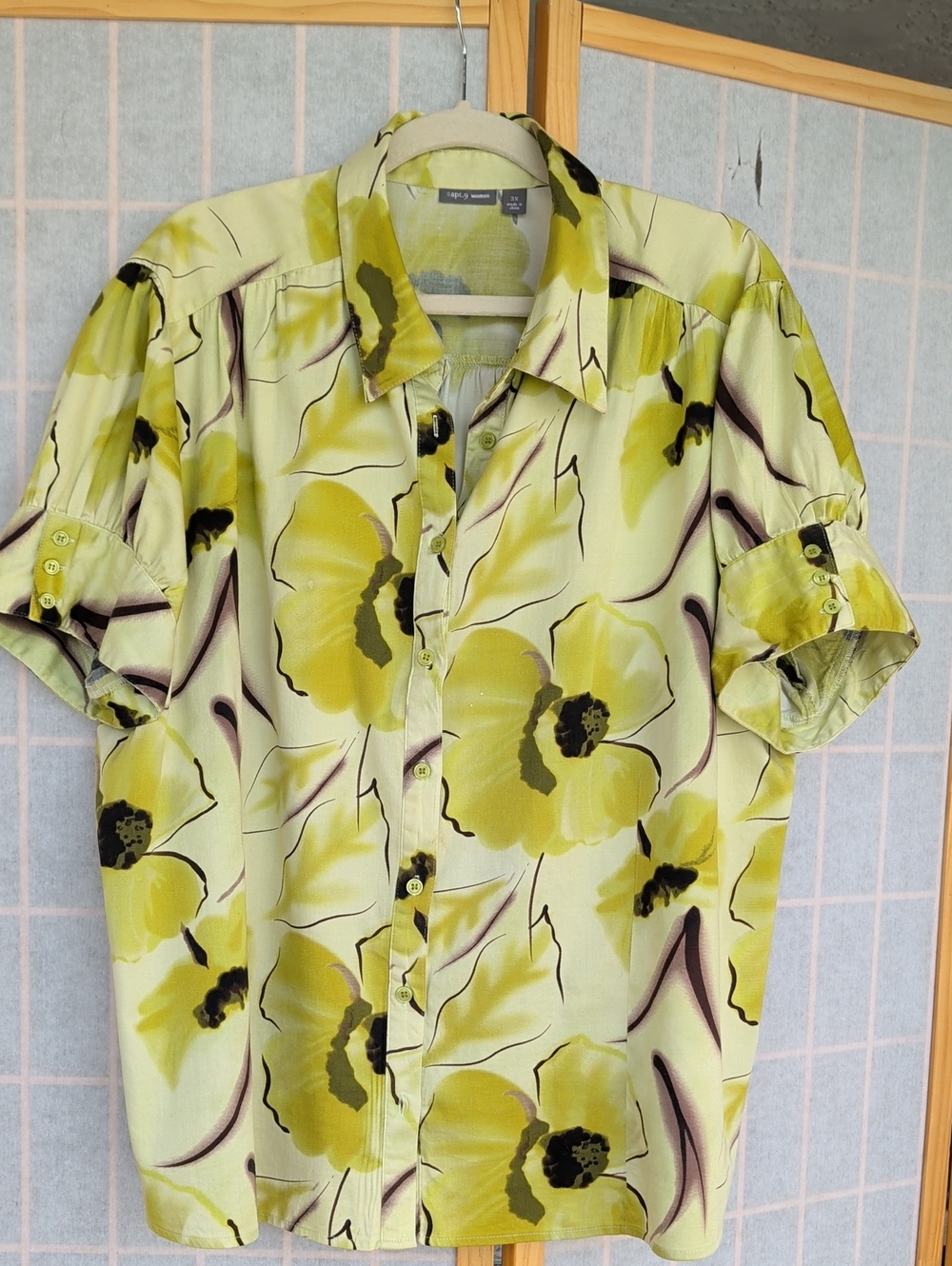 Apt. 9 Lime Green Floral Short-Sleeve Button-Down Shirt Cool Casual Vacation